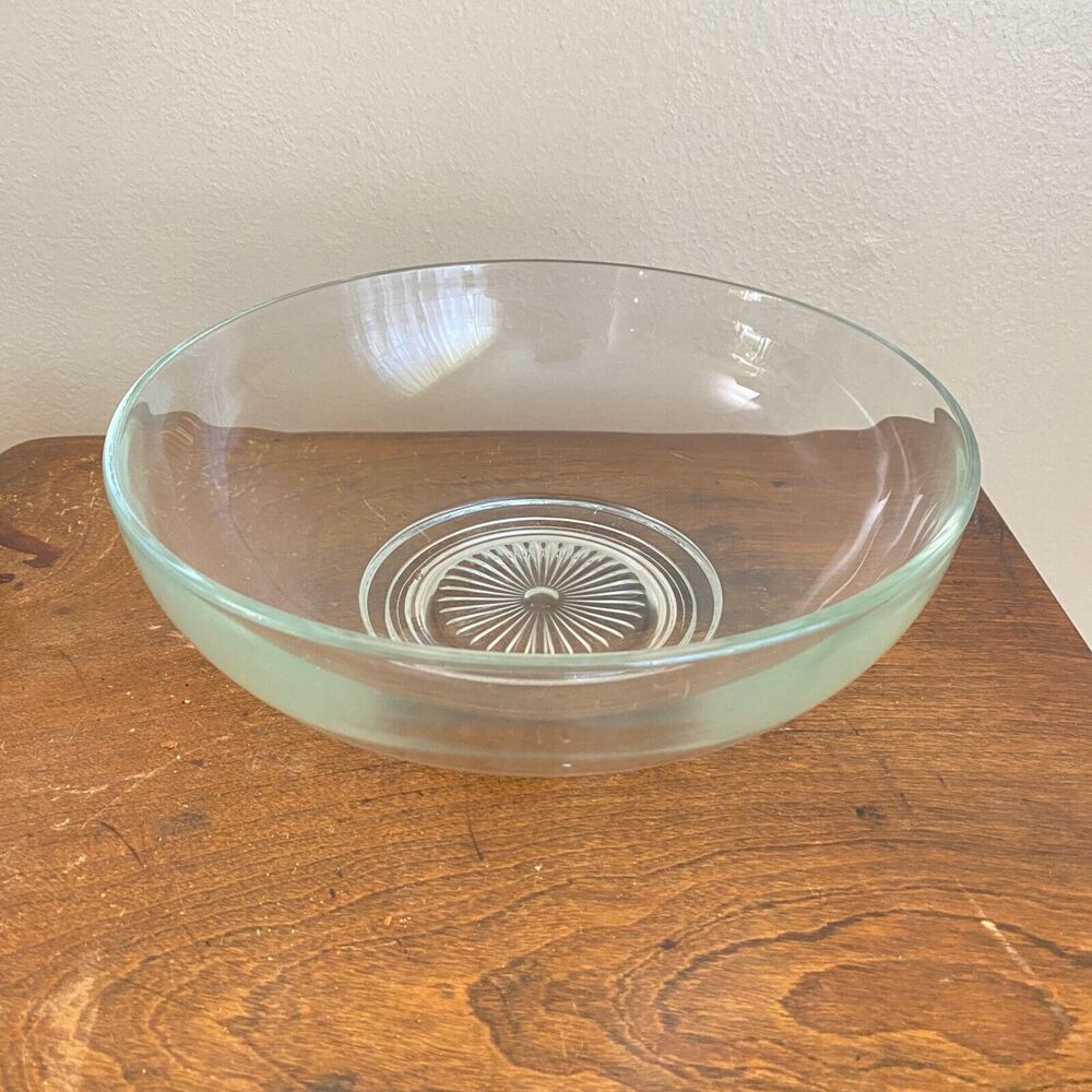 Vintage Heavy Clear Glass Bowl 10" Salad Punch Chips Starburst Pattern Bottom
